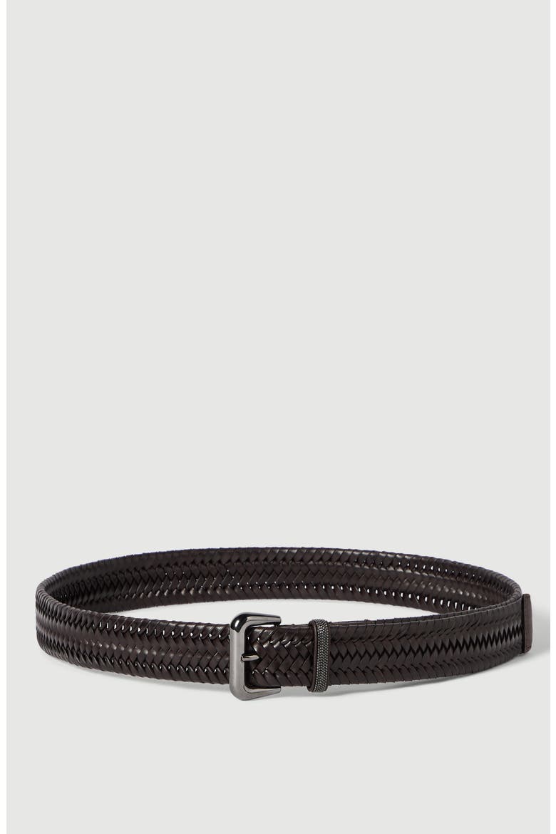 Stretch braided leather belt with shiny loop, Main, color, Rust Brown