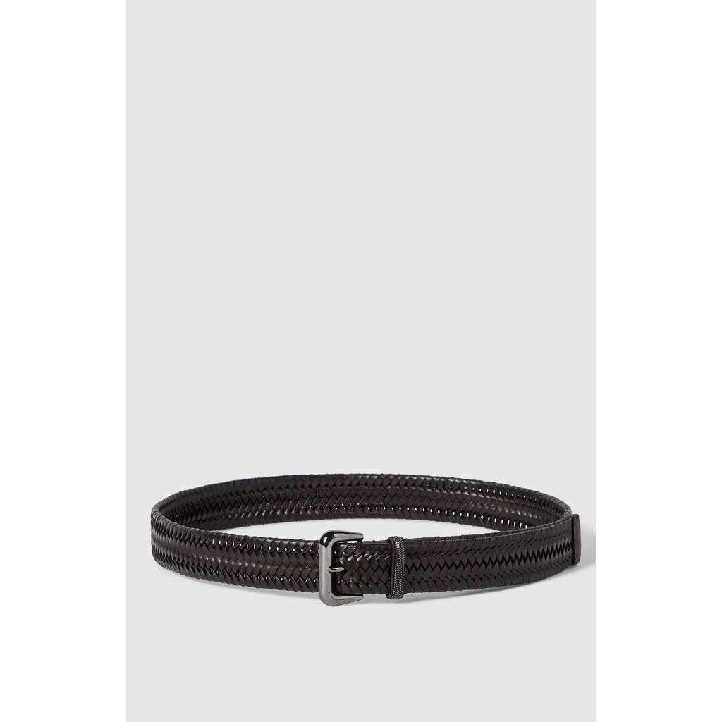 Brunello Cucinelli Stretch Braided Leather Belt With Shiny Loop In Rust Brown