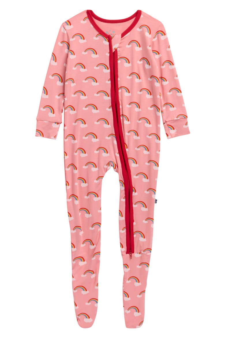 Rainbow Print Zip Footie, Main, color, STRAWBERRY RAINBOWS
