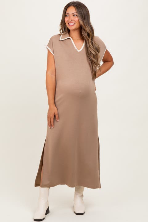 Collared Stitch Detail Short Sleeve Midi Dress