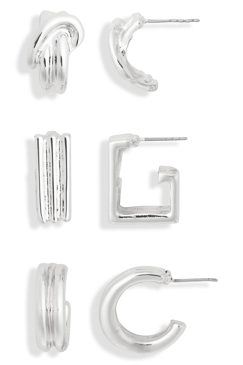 3-Pack Geo Assorted Hoop Earrings, Main, color, SILVER