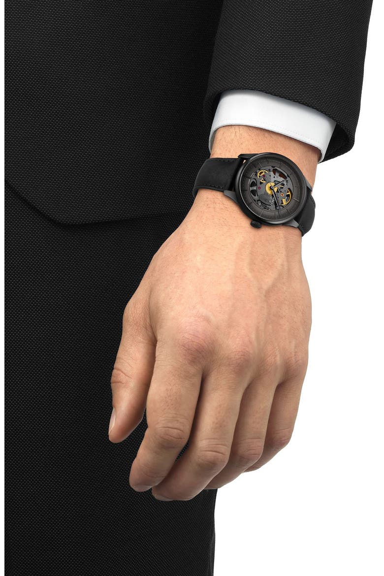 Chemin des Tourelles Leather Strap Watch, 39mm, Alternate, color, GUN