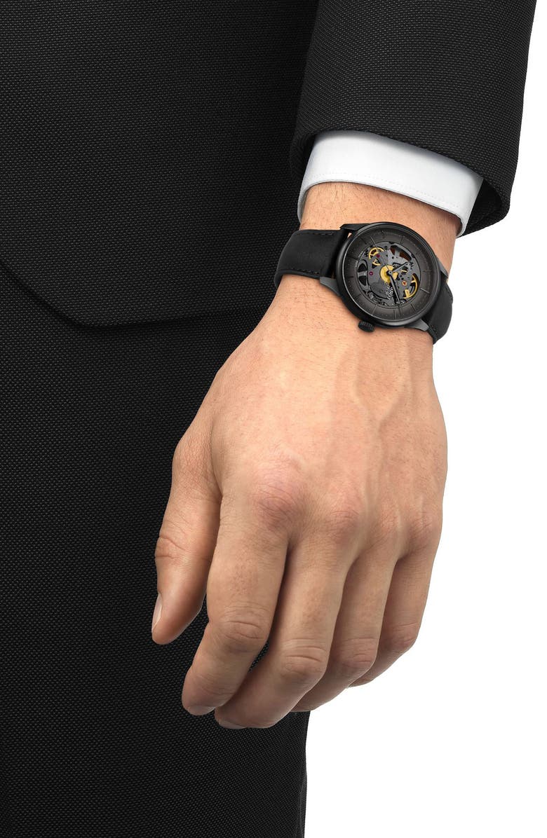 Tissot Chemin des Tourelles Leather Strap Watch, 39mm, Alternate, color, Gun