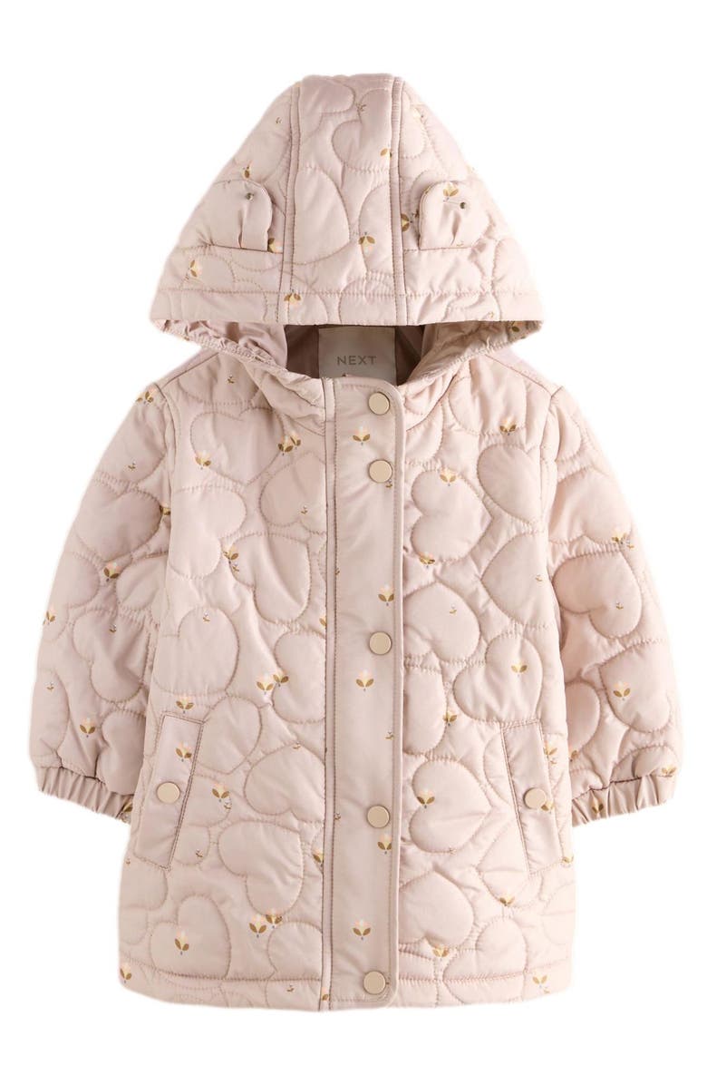 NEXT Kids' Ditsy Heart Quilted Hooded Jacket, Main, color, Purple
