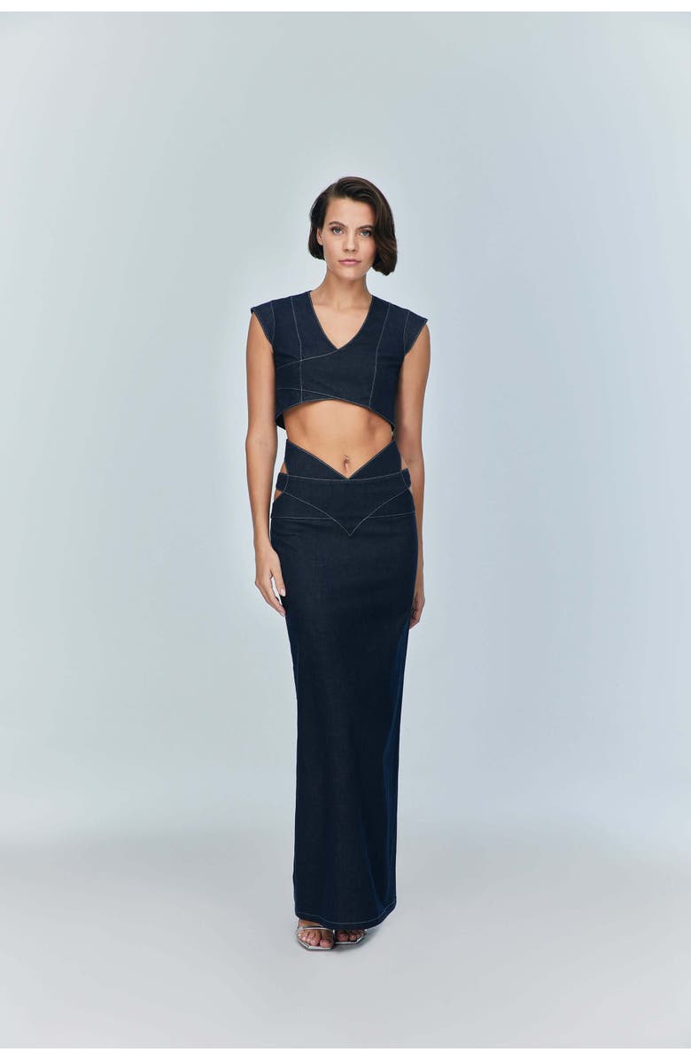 Jendue US Jendue Women's Vonk Cut Out Denim Skirt - Stylish Women's Maxi, Alternate, color, Deep Blue