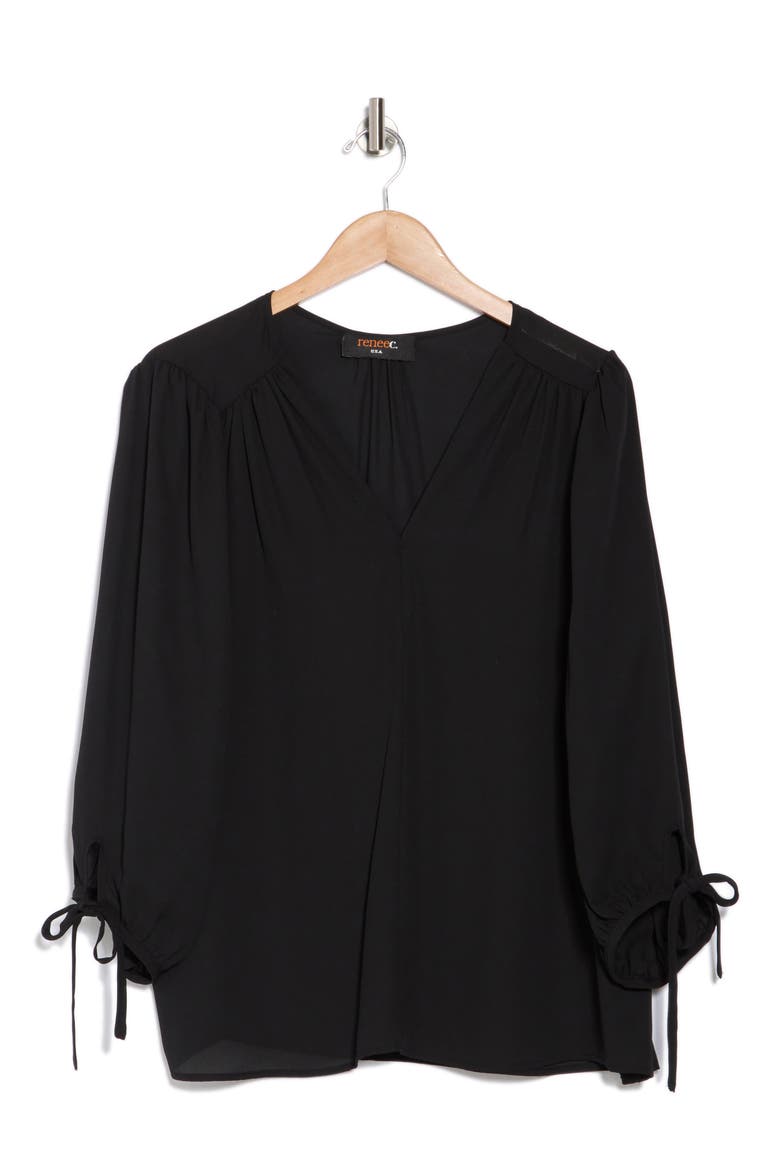 V-Neck Tie Sleeve Top, Alternate, color, BLACK