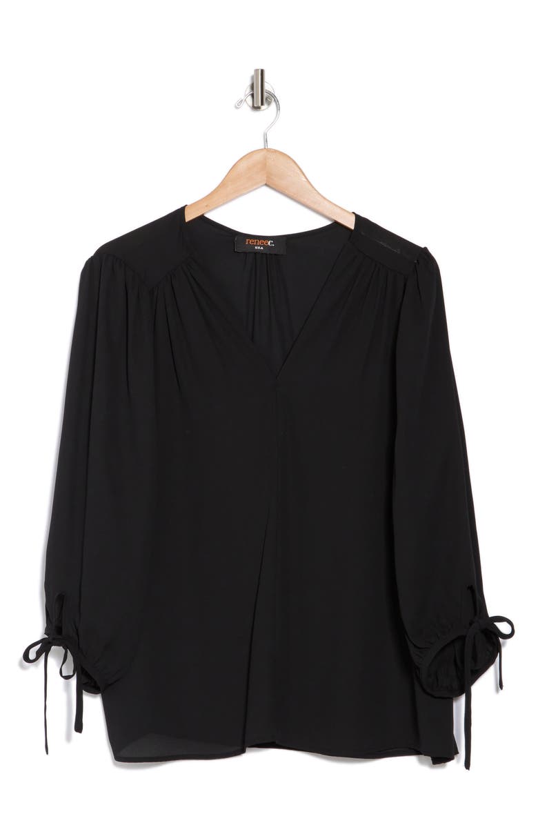 Renee C V-Neck Tie Sleeve Top, Alternate, color, Black