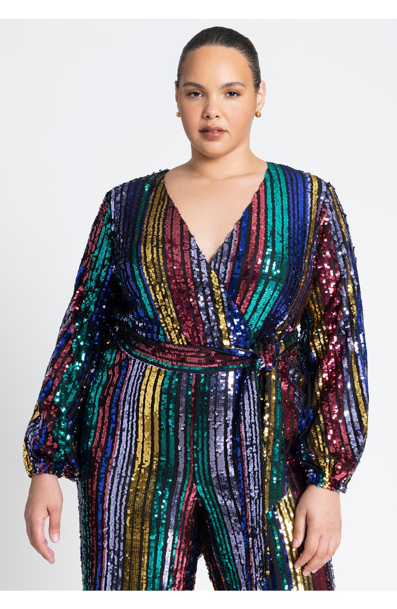 ELOQUII Multicolor Stripe Sequin Jumpsuit, Alternate, color, Multicolor