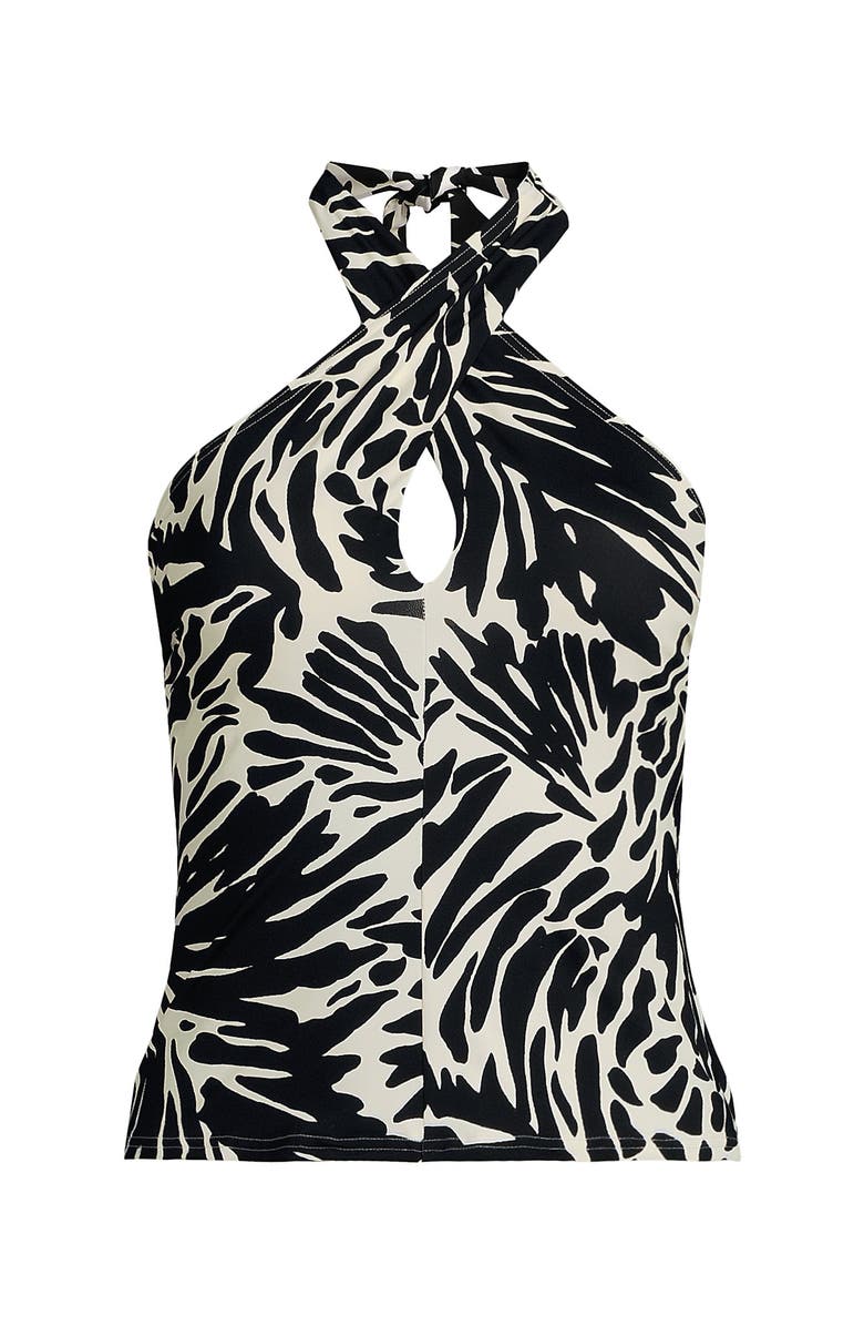Lands' End Criss Cross Halter Tankini Swimsuit Top, Alternate, color, Black/Egret White Leaf Scroll