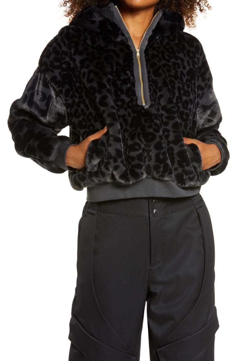Women's Court-to-Runway Animal Print Faux Fur Pullover Hoodie, Main, color, DARK SMOKE GREY/ GOLD