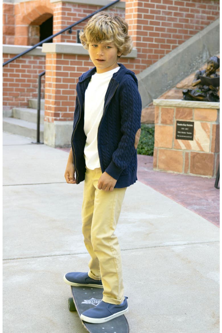 Kids' Organic Full Zip Hooded Sweater with Elbow Patches, Alternate, color, Navy Cable
