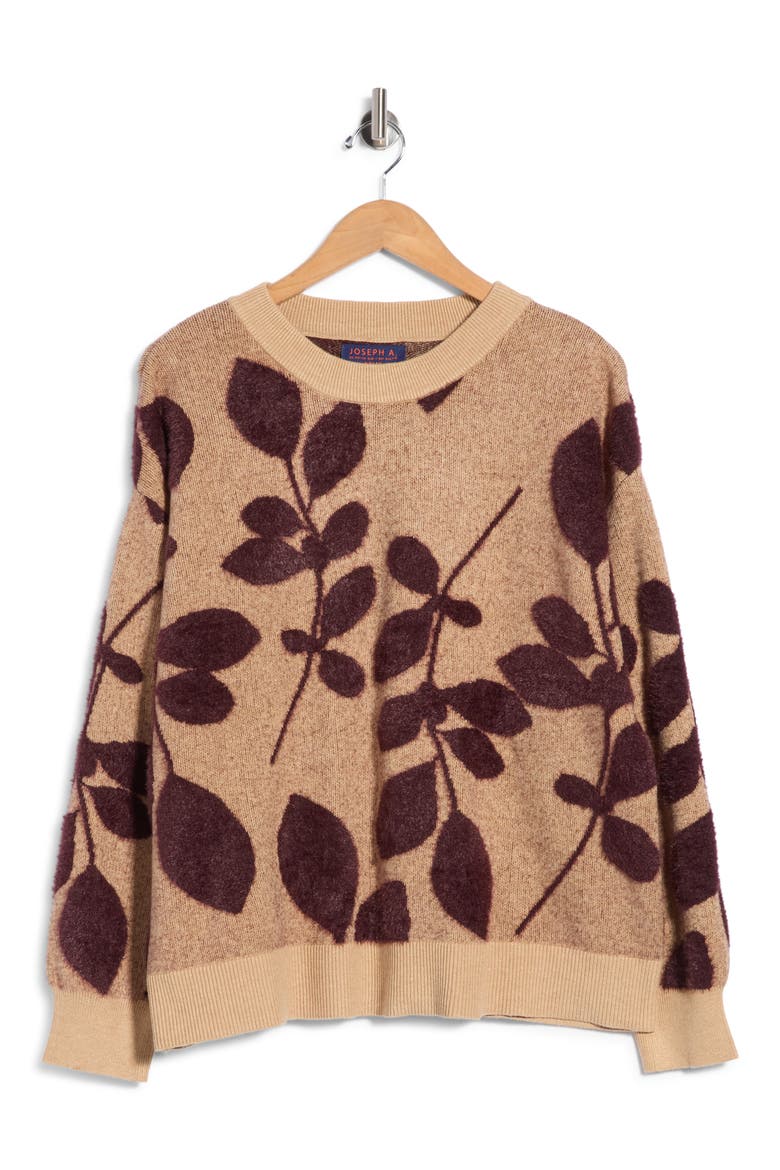 Leaves Pattern Crewneck Sweater, Main, color, CAMEL HTR/ FIG