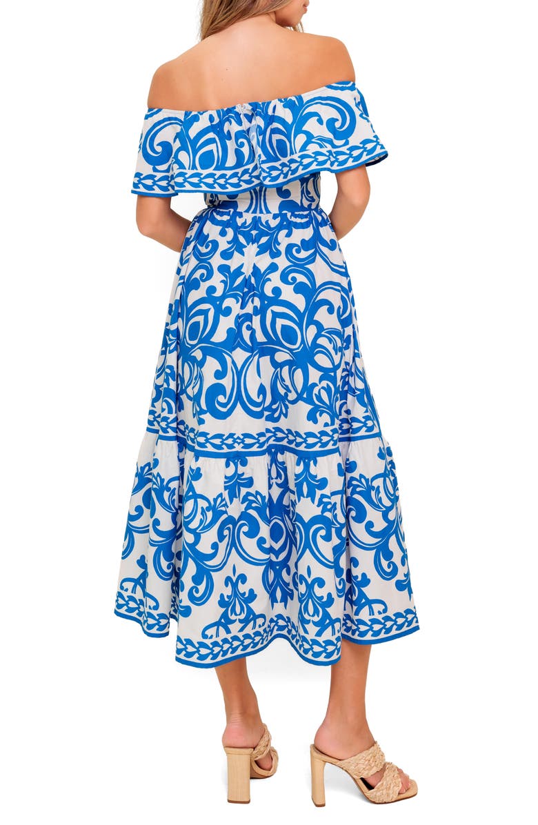 FLYING TOMATO Filigree Off the Shoulder Midi Dress, Alternate, color, Blue White