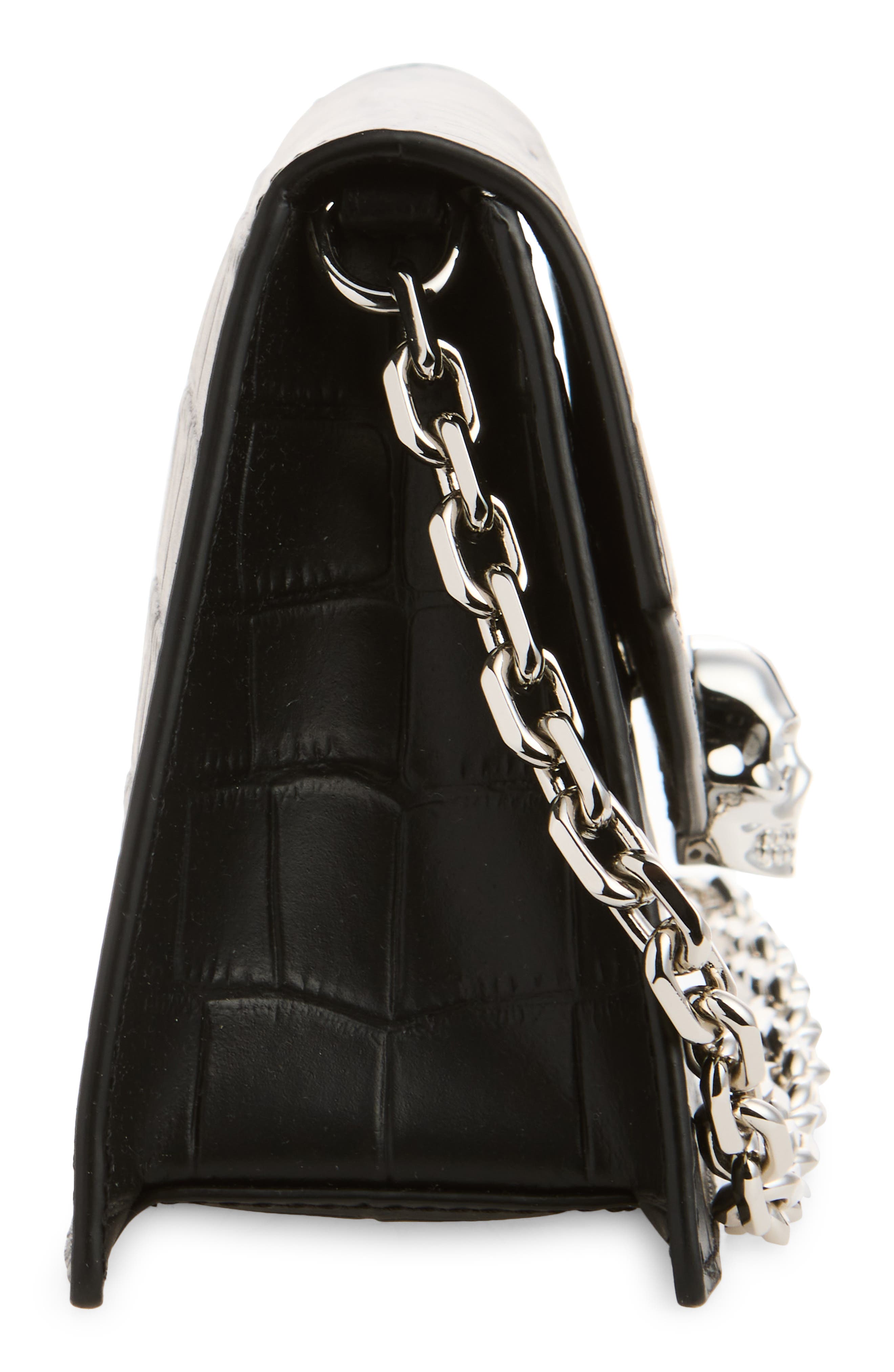 McQueen Mini Skull Croc Embossed Leather Crossbody Bag, Alternate, color, Black