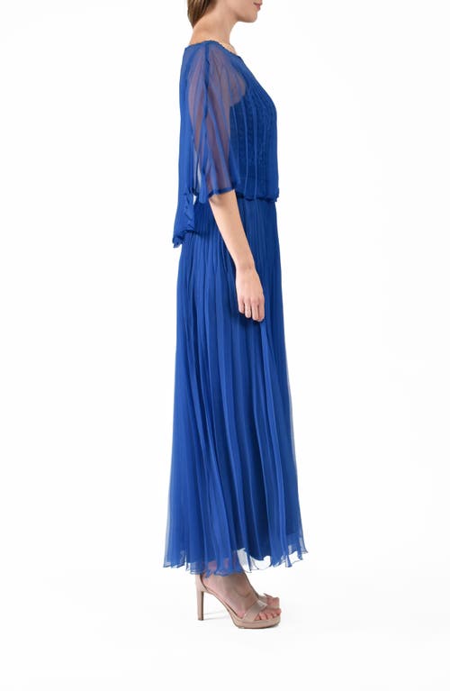 Komarov Sunburst Pleated Chiffon Blouson Midi Dress In Blue