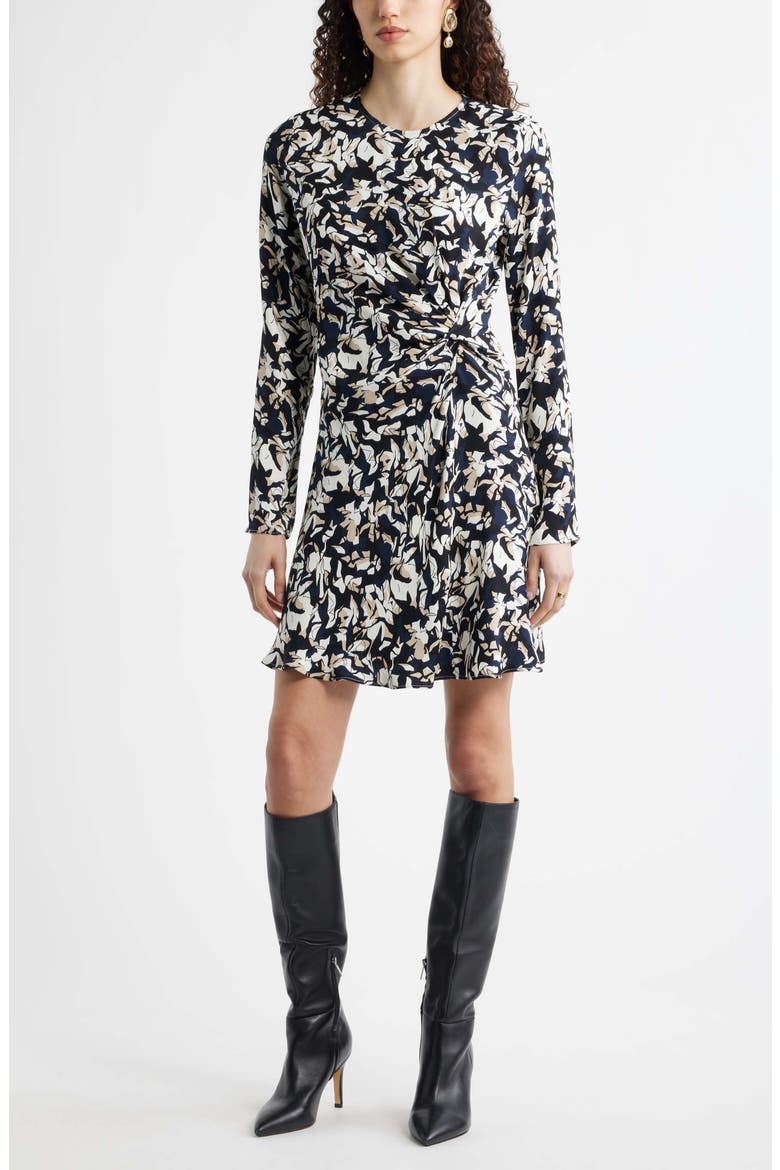 Side Twist Long Sleeve Minidress, Main, color, NAVY- TAN GRAPHIC BLOCKS