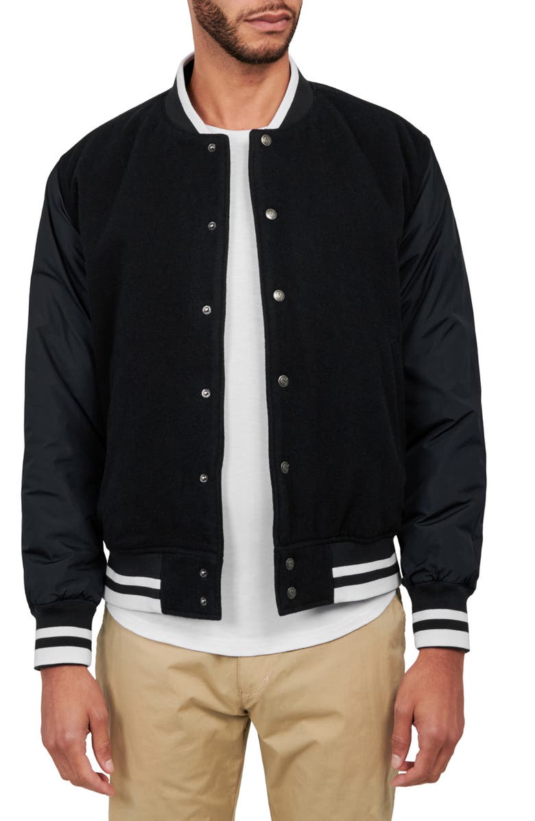 CONSTRUCT Solid Varsity Jacket, Main, color, Black