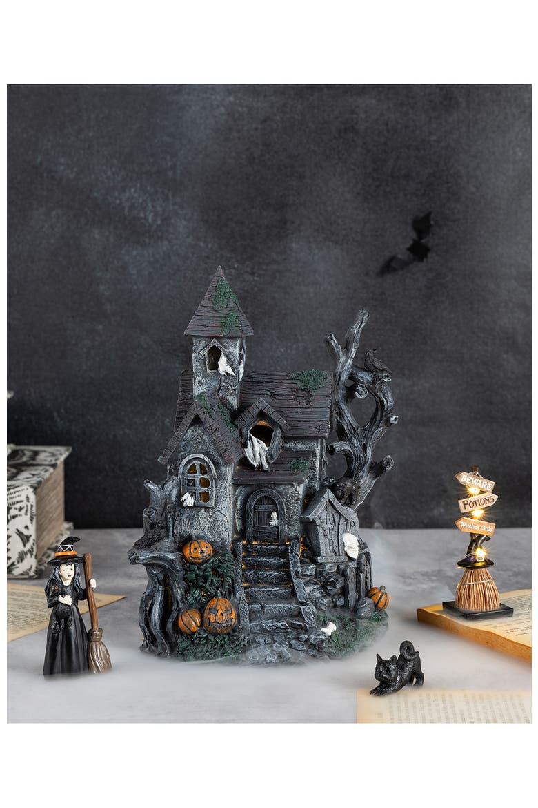 Set of 4 Halloween Lighted Resin Haunted House with Timer, Alternate, color, Black