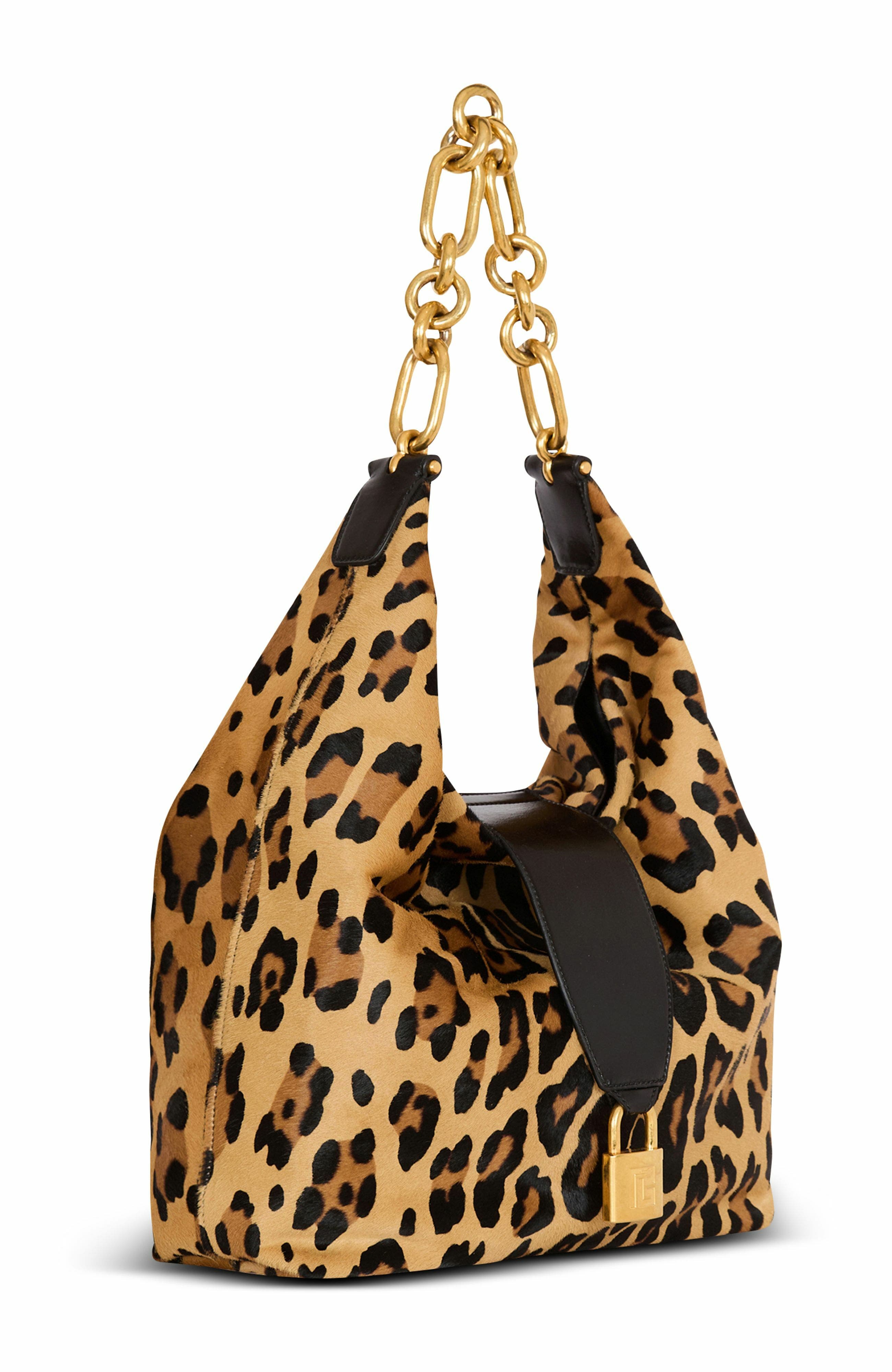 Balmain Sync Hobo Leopard Print Leather Bag, Alternate, color, Brown