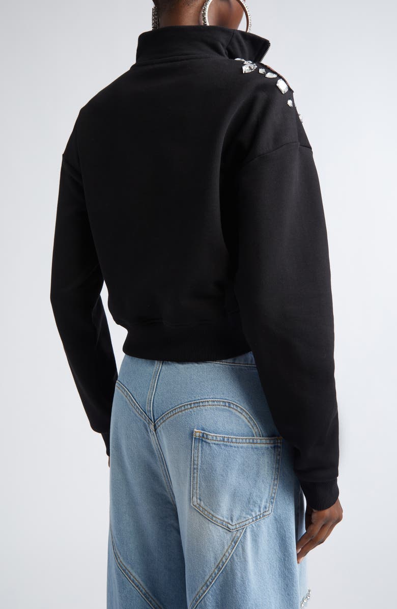 Area Crystal Cluster Cutout Quarter Zip Sweatshirt, Alternate, color, Black