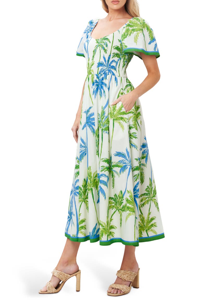 Print Midi Dress, Alternate, color, WHITE/ GREEN