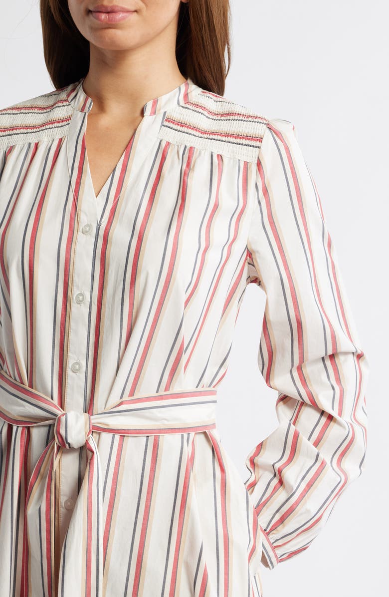 Caslon<sup>®</sup> Smocked Shoulder Long Sleeve Cotton Midi Dress, Alternate, color, Ivory- Red Audrey Stripe