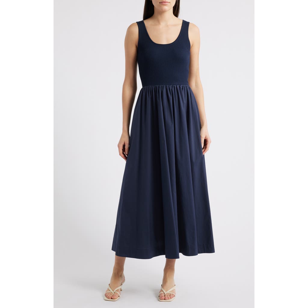 Moon River Sweater Knit Tank Top Mixed Media Midi Dress In Navy In Navy