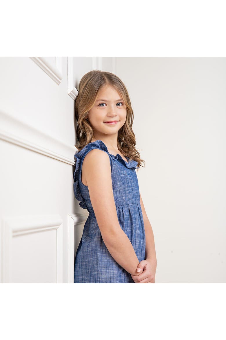 Girls' Organic Ruffle Neck Jumpsuit, Toddler, Alternate, color, Chambray
