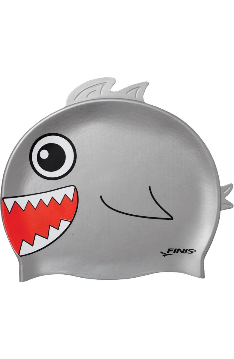 FINIS Animal Heads Silicone Swim Cap for Kids Fun 3D Animal Designs Snug Fit Chlorine Protection, Main, color, Shark