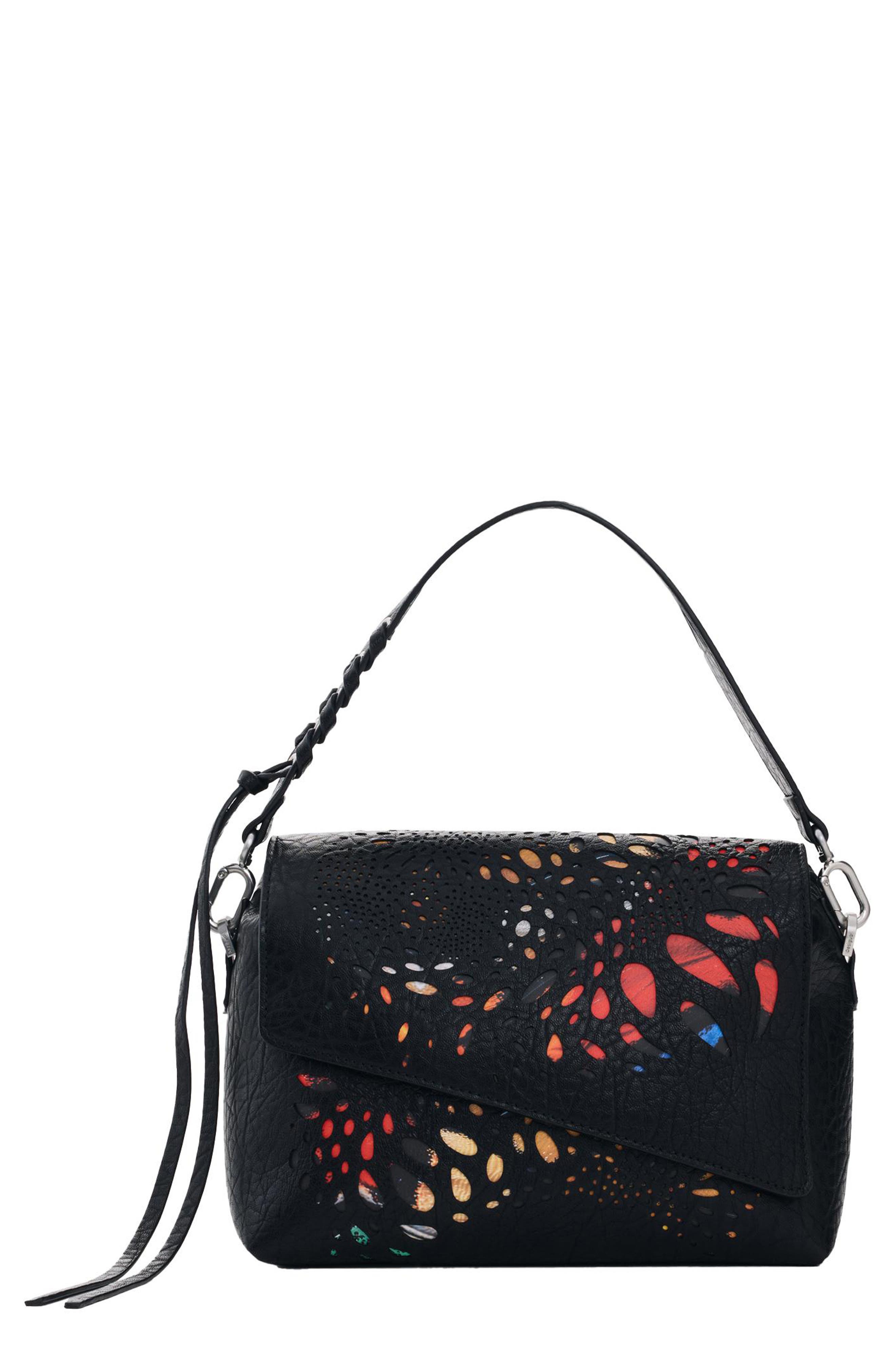 Desigual Butterfly Cutout Faux Leather Shoulder Bag, Main, color, Black
