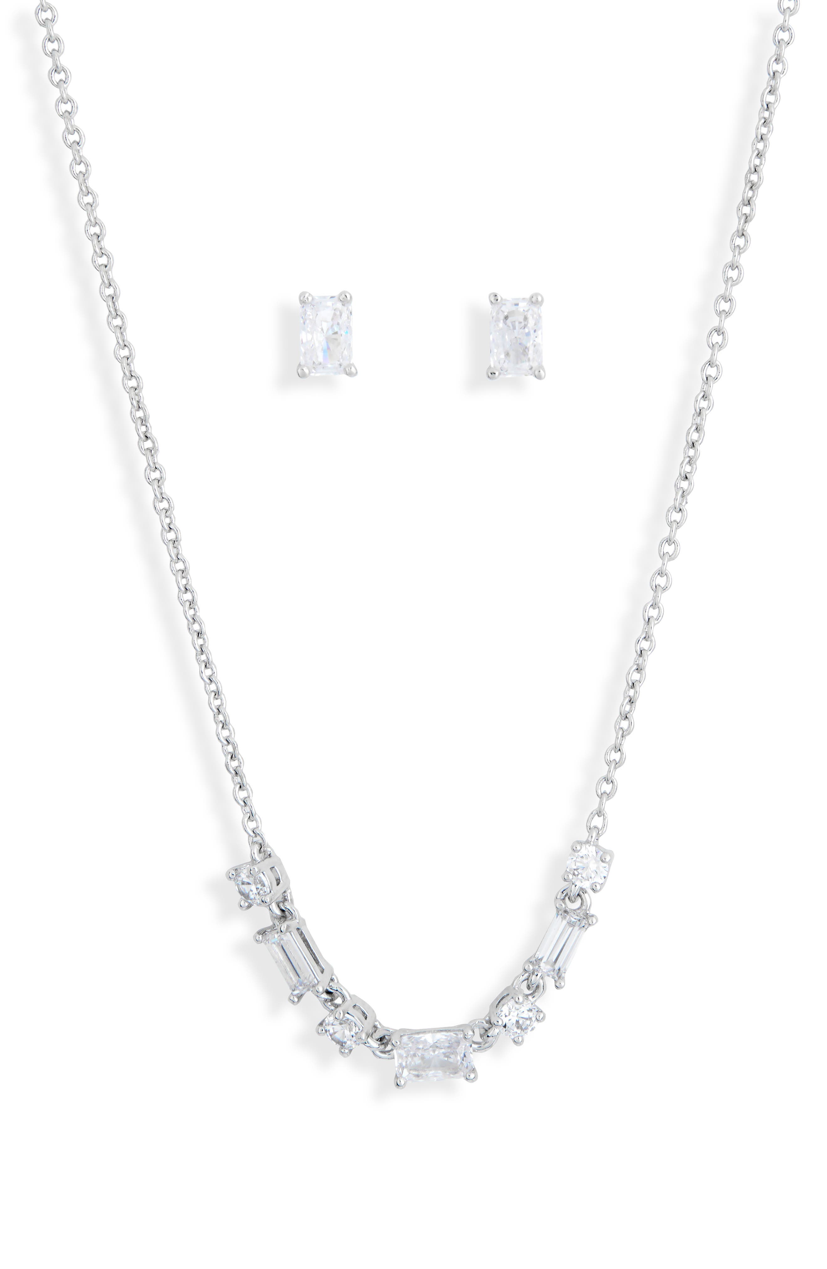 Emerald Cut Pendant Necklace & Stud Earrings Set