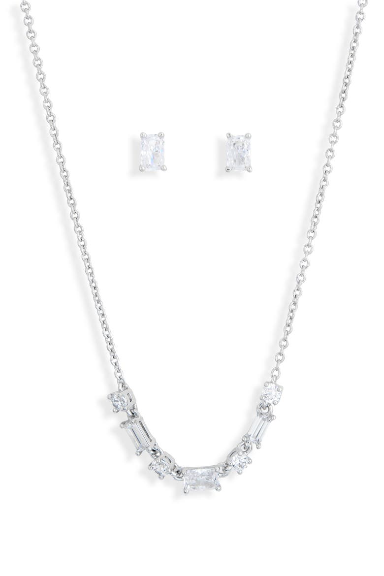 Emerald Cut Pendant Necklace & Stud Earrings Set, Main, color, RHODIUM