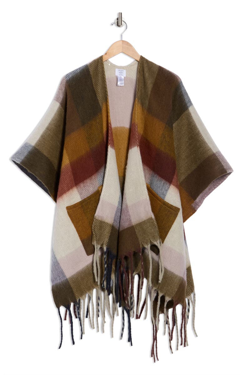 Melrose and Market Cozy Blanket Ruana, Alternate, color, Olive Plaid Combo