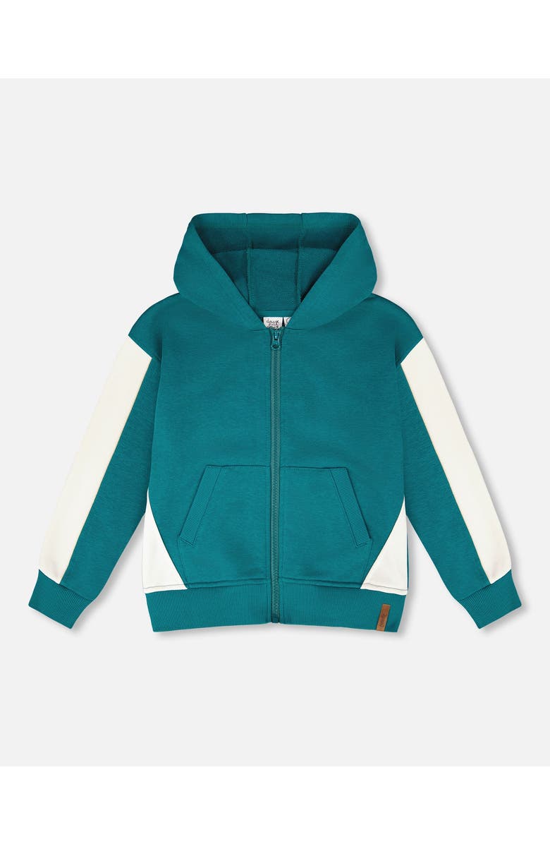 Deux par Deux Hooded Long Sleeve French Terry Cardigan, Main, color, Dark Turquoise