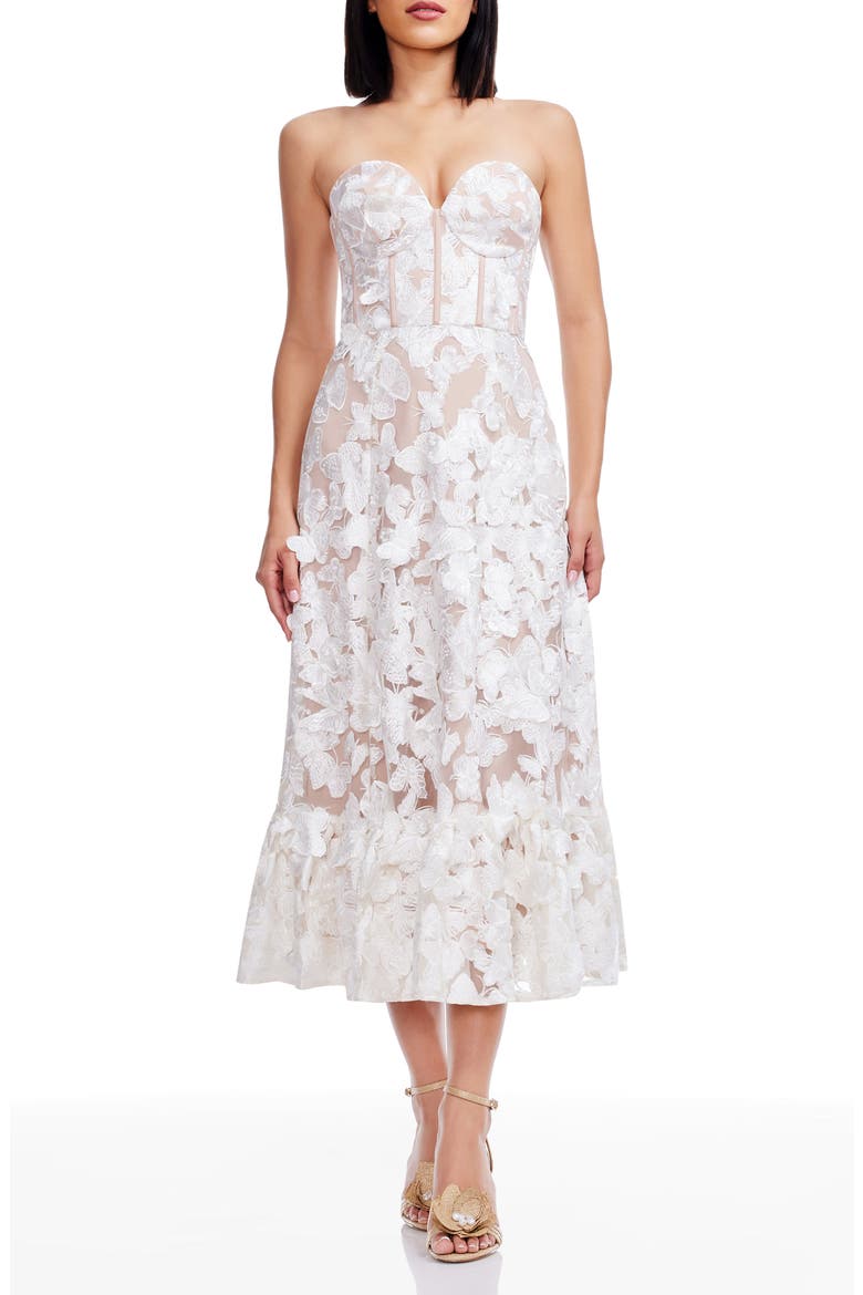 Carina Butterfly Appliqué Strapless Cocktail Midi Dress, Main, color, WHITE-BEIGE