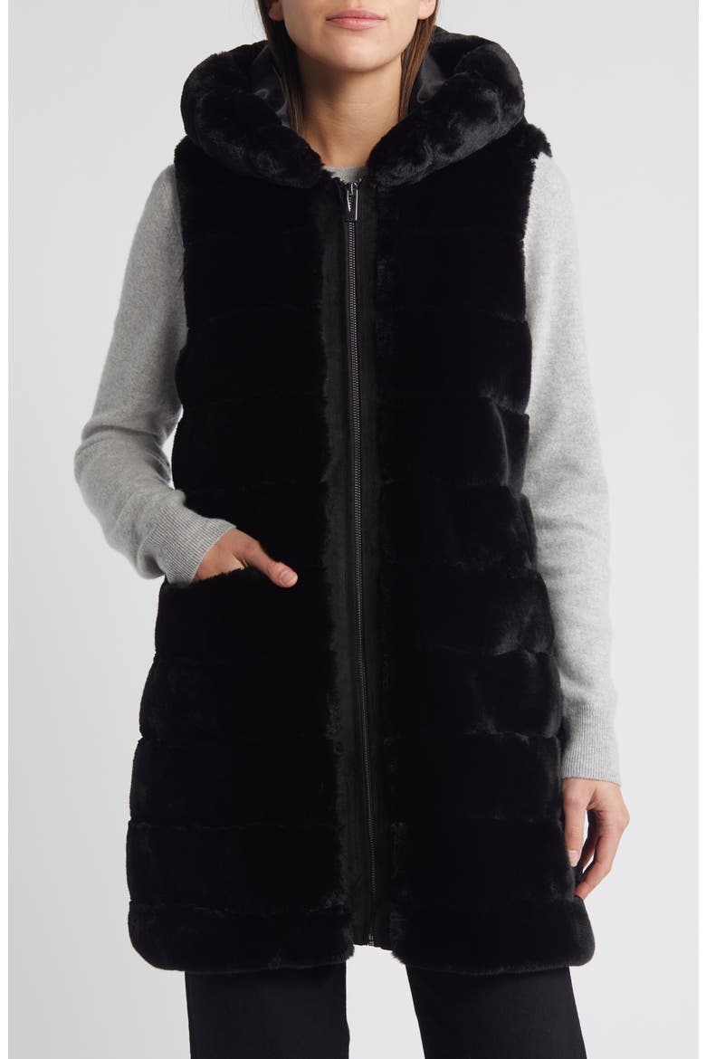 Quilted Faux Fur Hooded Vest, Main, color, BLACK