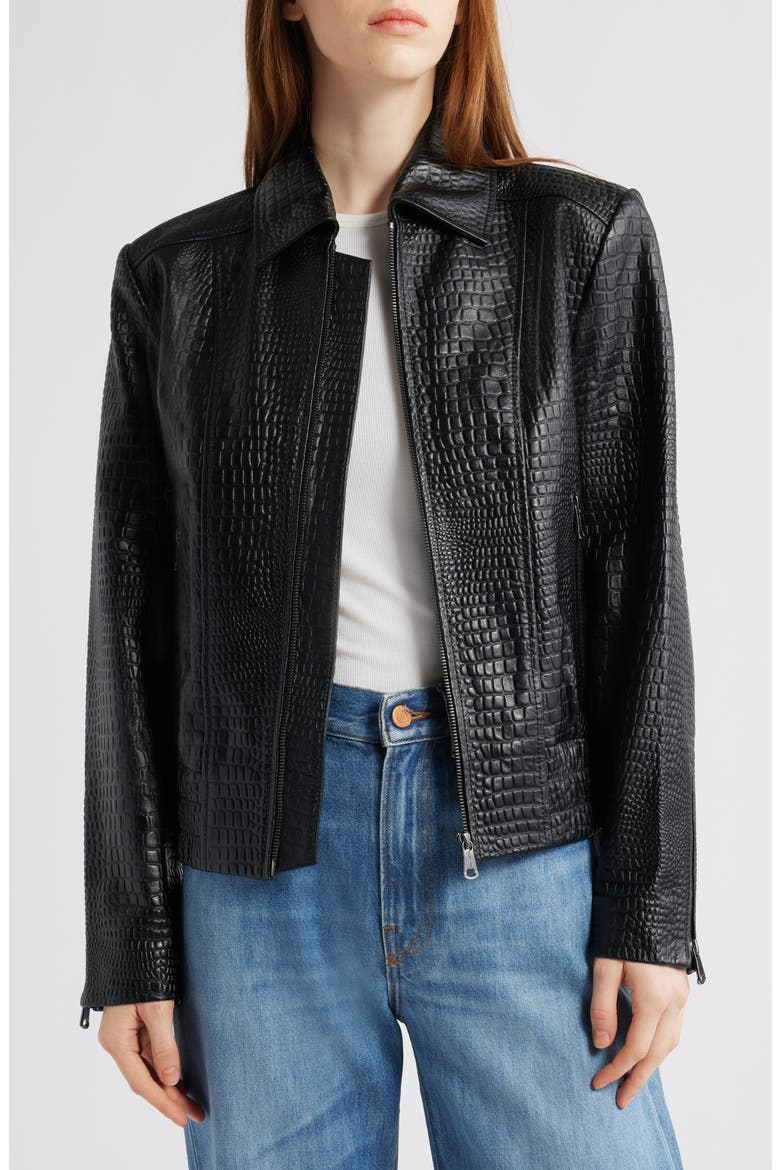 Short Croc-Embossed Leather Jacket, Alternate, color, BLACK