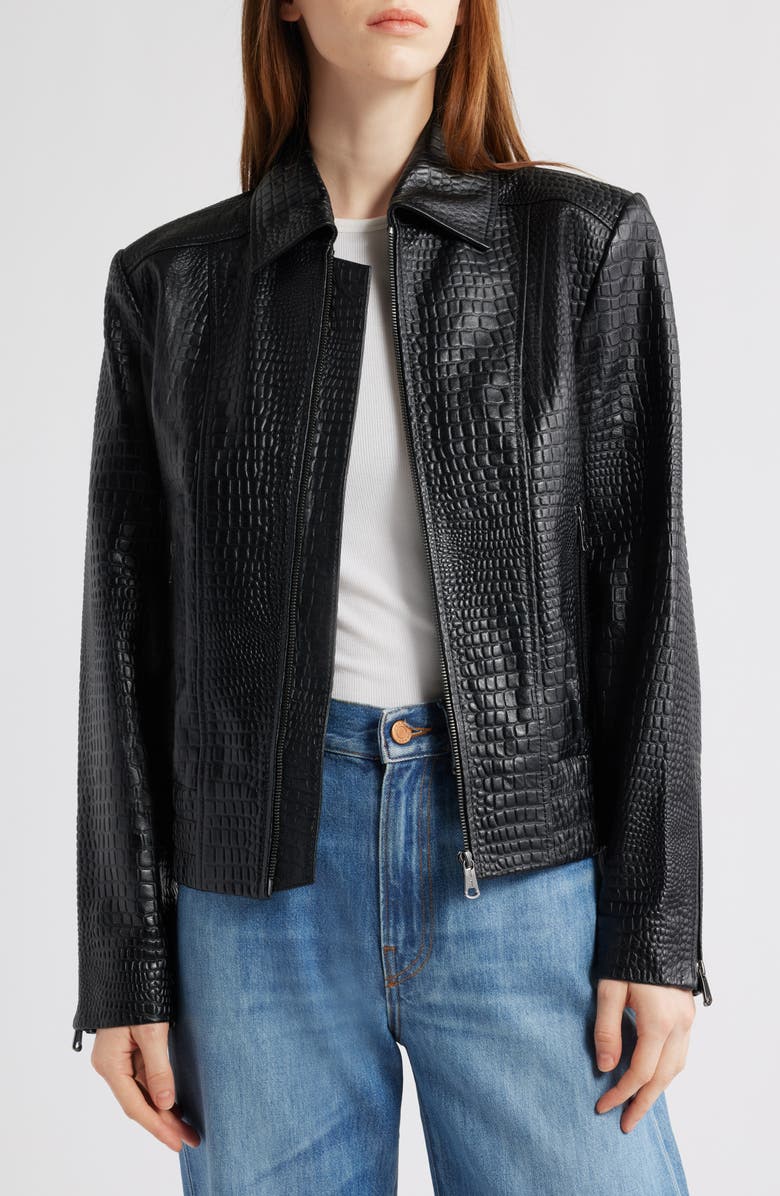 Bernardo Short Croc-Embossed Leather Jacket, Alternate, color, Black