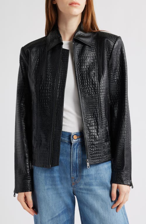 Bernardo Short Croc-embossed Leather Jacket In Black