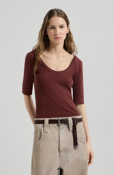 Stretch cotton ribbed jersey T-shirt with monili