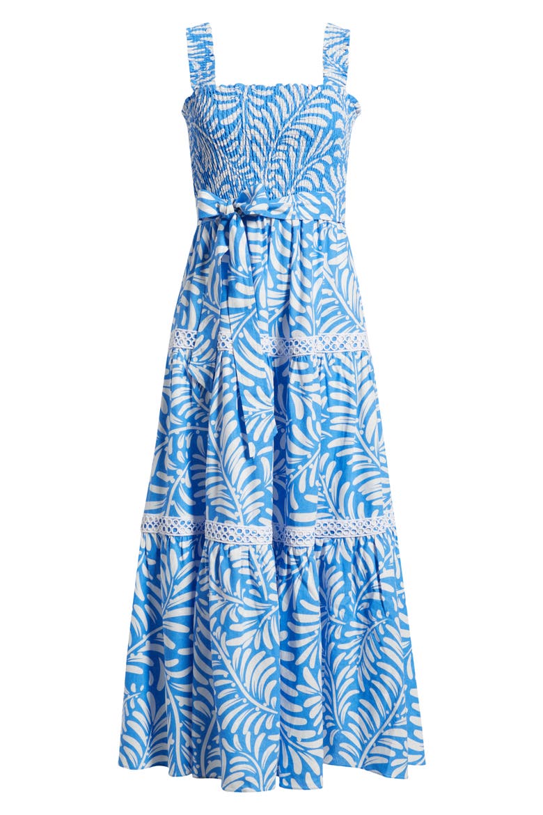Floral Print Linen Blend Midi Dress, Alternate, color, SEAPORT/ CRISPT WHITE