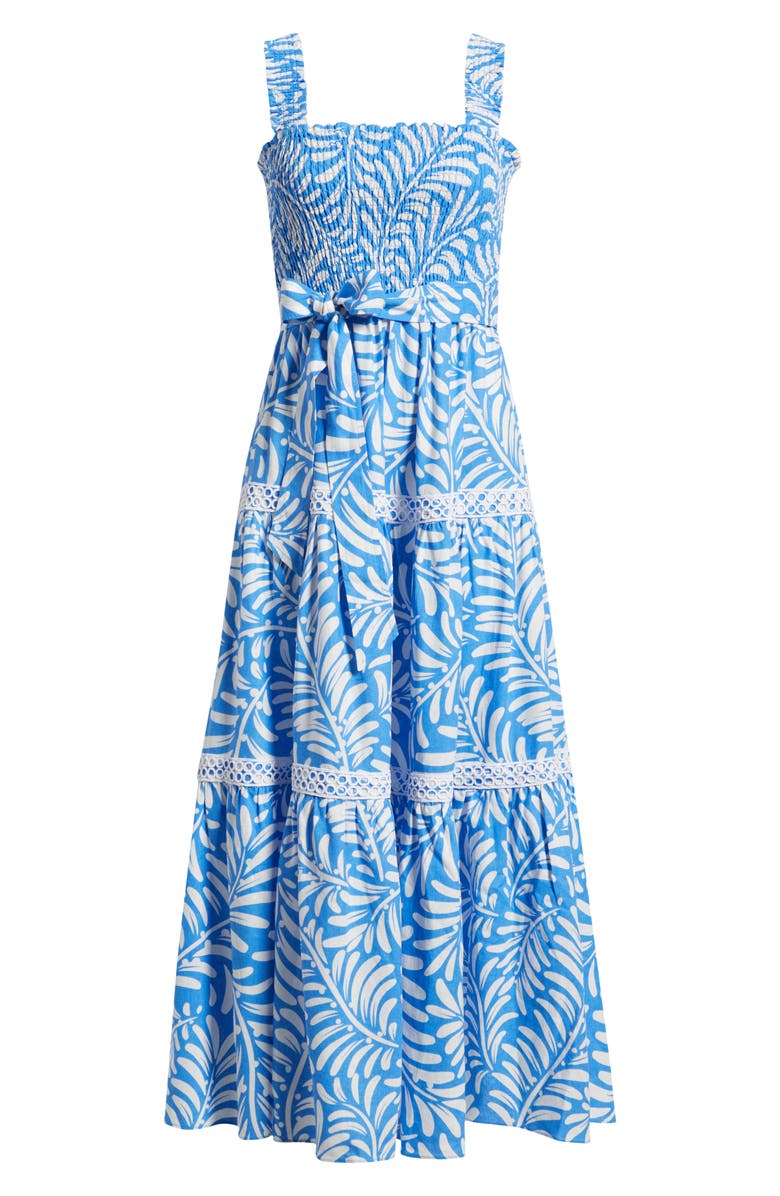 Anne Klein Floral Print Linen Blend Midi Dress, Main, color, Seaport/ Crispt White