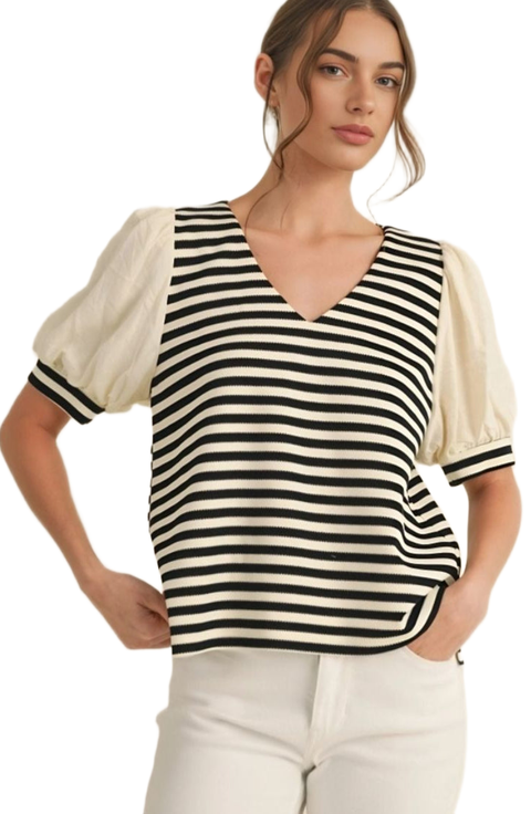 Striped Short Sleeve V-Neckline Top