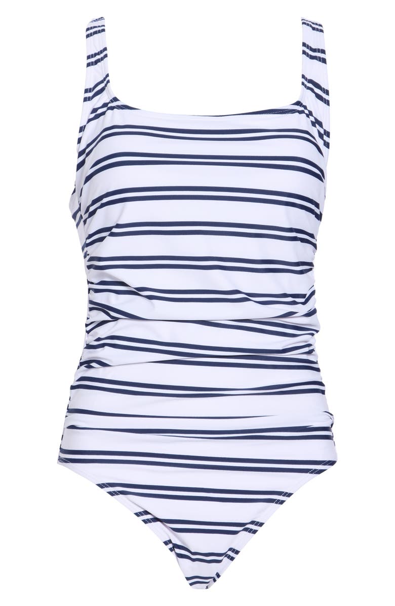 Nautica Stripe Shirred One-Piece Swimsuit, Main, color, White/ Navy Stripe