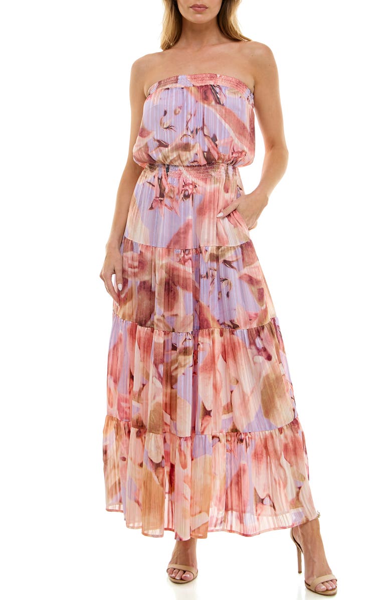 Socialite Metallic Floral Strapless Tiered Maxi Dress, Main, color, Lavender/ Coral