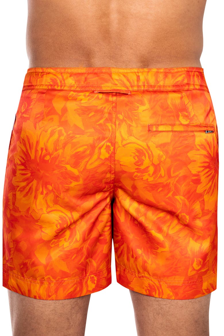 Elvio 5.5" Sunburst Floral Nylon Swim Trunks, Alternate, color, ORANGE