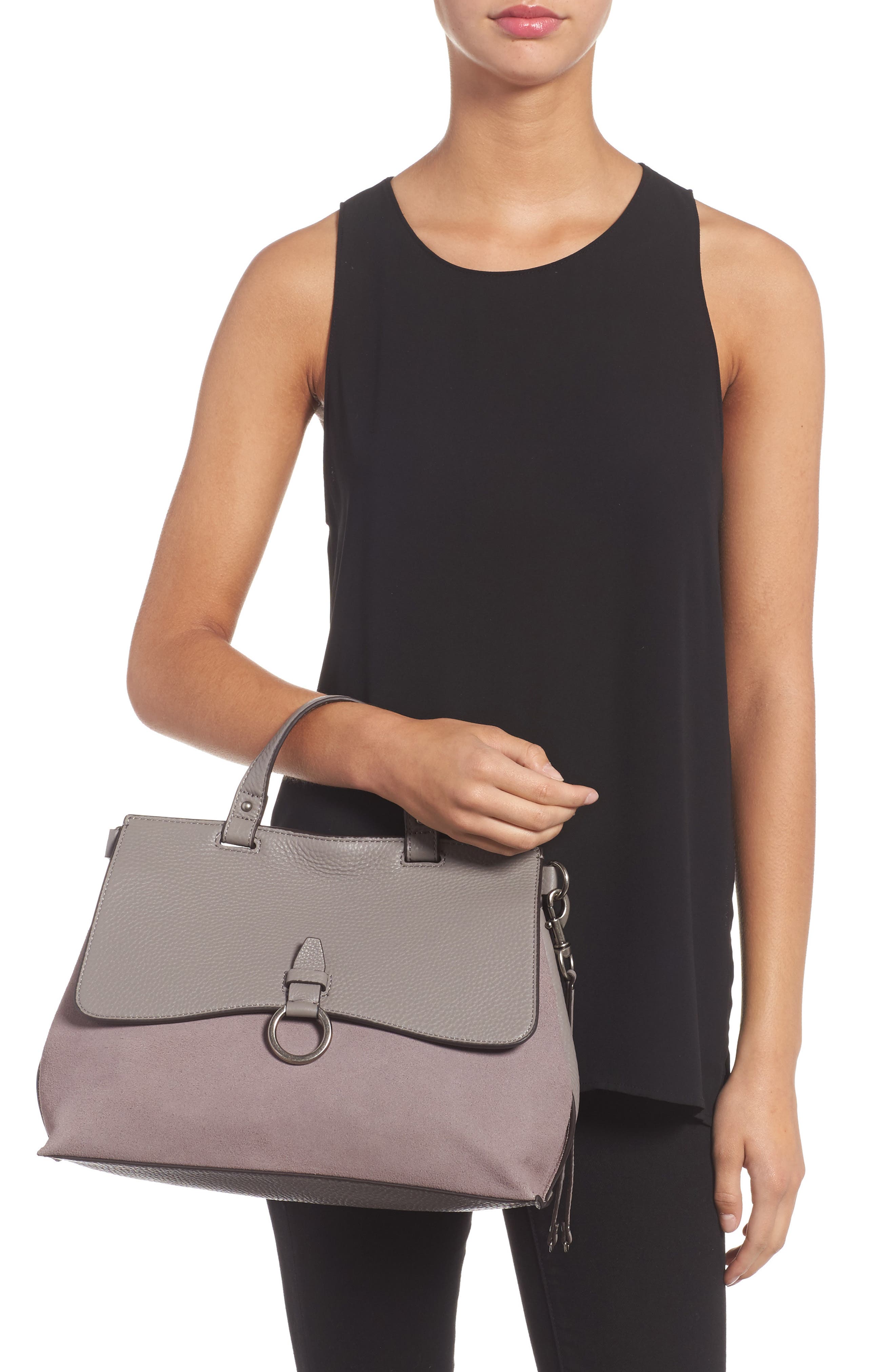 Rebecca Minkoff Medium Keith Suede & Leather Satchel, Alternate, color, Grey