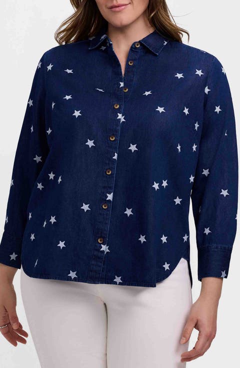 Meghan Star Embroidered Denim Button-Up Shirt (Plus)