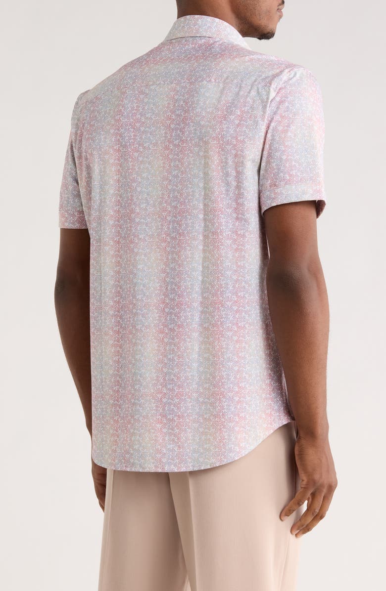 Bugatchi Print Short Sleeve Button-Up Shirt, Alternate, color, Coral