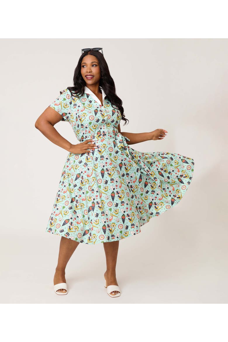 Plus Size 1950s Collared Shirt Dress, Main, color, Green Sushi Print